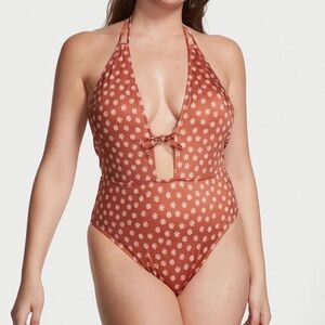 Victoria’s Secret Womens orange rusty Daisy print plunge tie neck one piece swim